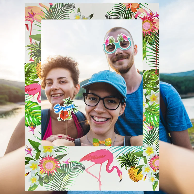 Hawaii Flamingo Photobooth Frame Tropical Luau Funny Mask Glasses Photo Props For Beach Wedding Birthday Summer Pool Party Decor