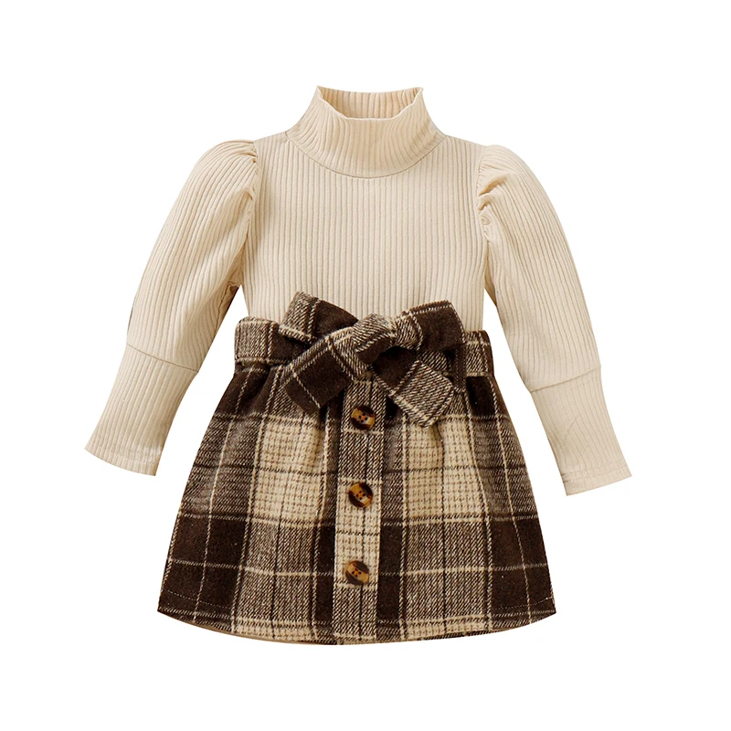 

Toddler Baby Girl Fall Winter Skirt Set Turtleneck Ribbed Long Sleeve T-Shirt Top Plaid Skirts Dress 2Pcs Outfits