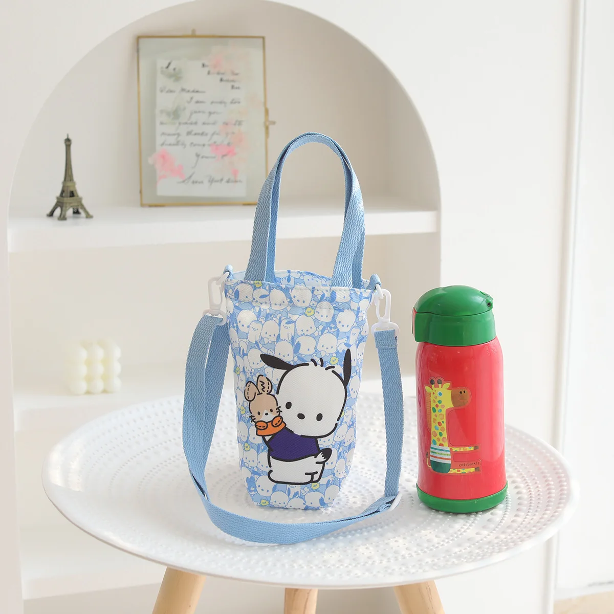 Sanrio Kuromi-Bolso de hombro de Hello Kitty, bolsa de almacenamiento portátil para botellas de agua, cubierta aislante para taza de lona, Anime