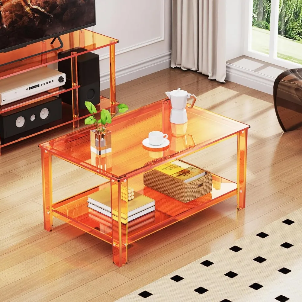 Rectangular Orange Acrylic Coffee Table with Storage Shelf for Living Room, Ideal for Small Spaces