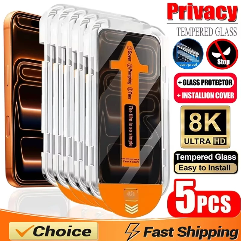 1/5Pcs Dust Free Install Privacy Tempered Glass for iPhone 18 Pro Max 17 16 15 14 13 12 11 16e XR XS Glass Screen Protector Film
