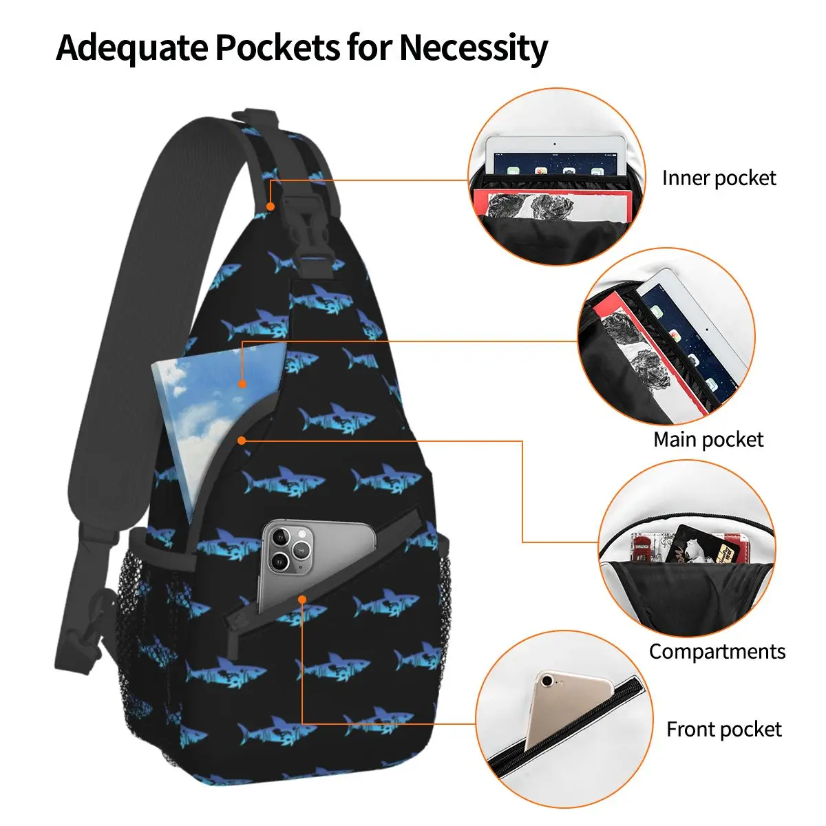 Shark Diver Scuba Crossbody Sling Bag Homens Mulheres Peito Bag Equipamentos Mar Ombro Mochila Mochila Caminhadas Outdoor Biking Bookbag