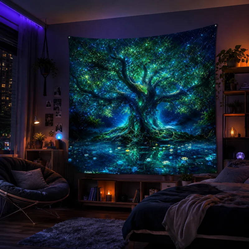 VIKAMA Boho Fantasy Forest Tapestry Giant Ancient Hollow Tree Blue Glow Waterfall Wall Blanket Dorm Bedroom Decor