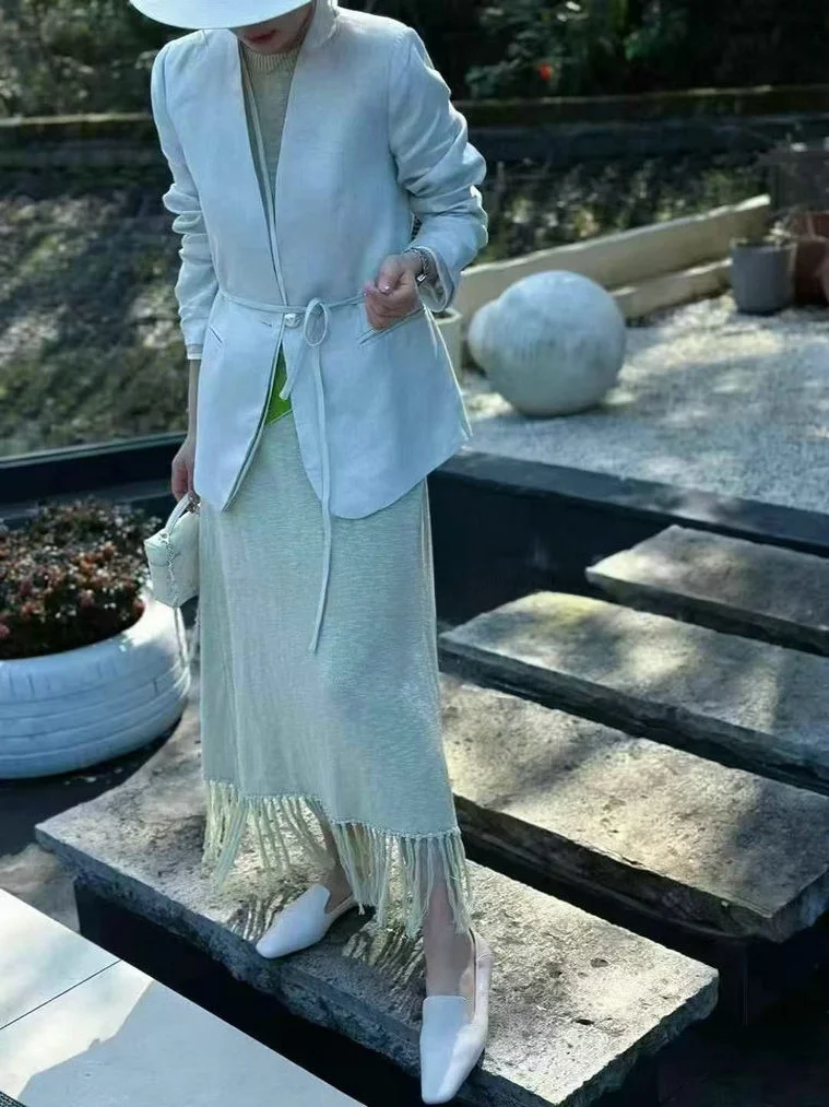Women's Linen Suit Jacket with Belt Autumn Fashion Mesh Splicing Fake Two-Piece Style Long Sleeve V-Neck Casual Commute Wind