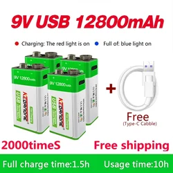 Super 12800mAh Micro USB 9V Battery Rechargeable 9 Volt Li-ion 6F22 Lithium Battery for RC Helicopter Model Microphone Toy