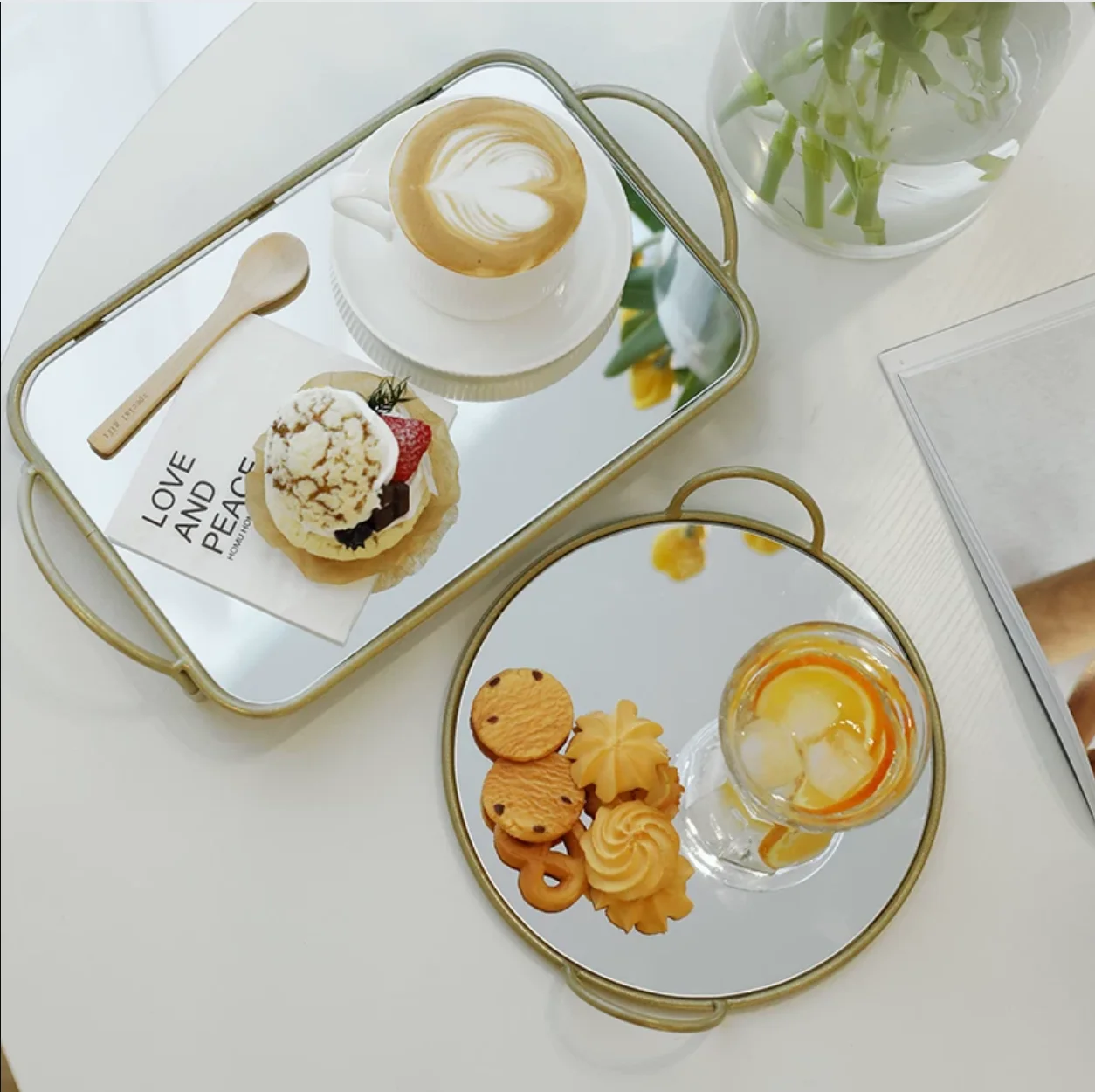 Brass Handle Storage Tray Mirror Soft Glass Storage Tray Gourmet Photo Plate Living Room Decorations Crafts Gift Home Decoration