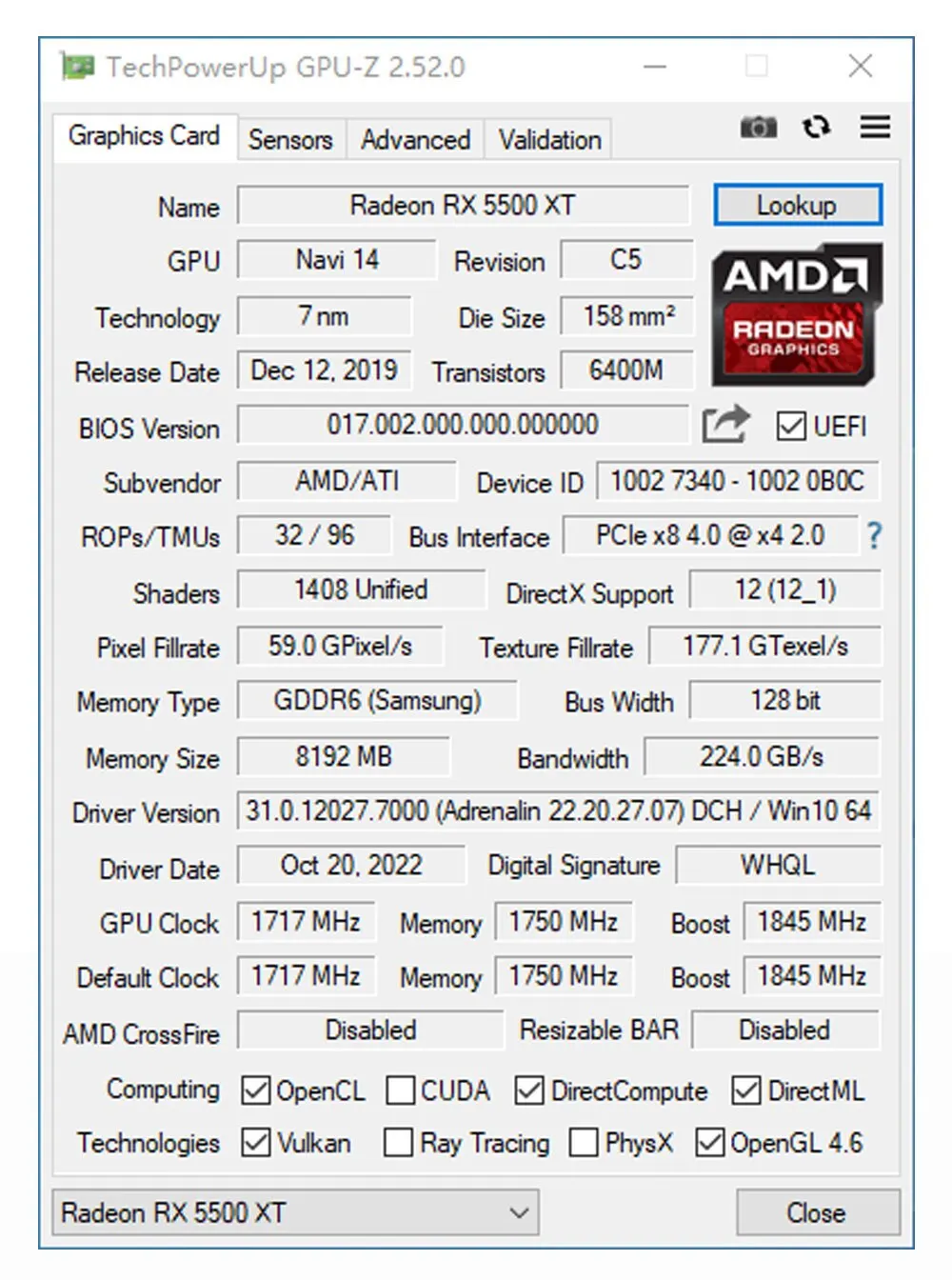 MLLSE-Placa gráfica de vídeo Radeon GPU Gaming, AMD RX 5500XT, 8GB, GDDR6, 128Bit, PCI Express 4.0 × 8, 8Pin