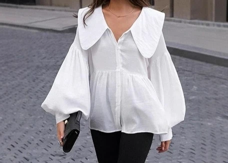 2025 Autumn Style Loose Wrinkle Top Commuter White Doll Collar Lantern Sleeve Shirt Women's Medium To Long