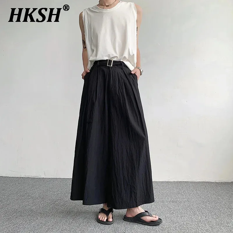 HKSH Spring Summer New High Street Personality Belt Wide Leg Samurai Pants Men's Tide Dark Style Cropped Trousers Fashion HK0964