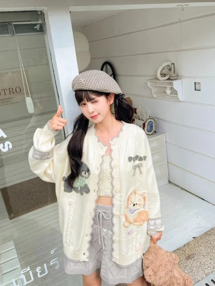 

Korobov Cute All Match Loose Single Breasted Cartoon Jacquard Patchwork Knitted Cardigan