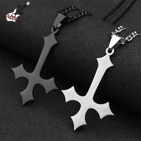 Collar gótico con colgante de acero inoxidable con cruz al revés para hombre, crucifijo invertido de Color negro, cadena emo, regalos de joyería