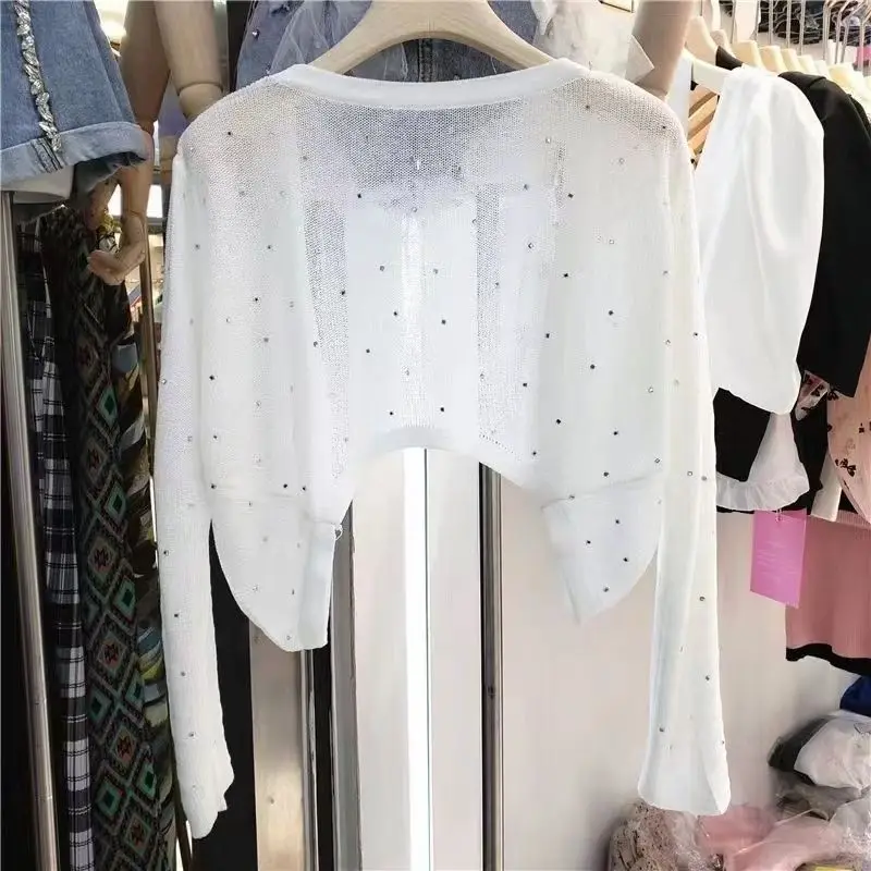 

Sparkling Sequin Knitted Cardigan Women's Summer Short Tulle sun protection clothing Elegant Hollow Out Long Sleeved Top