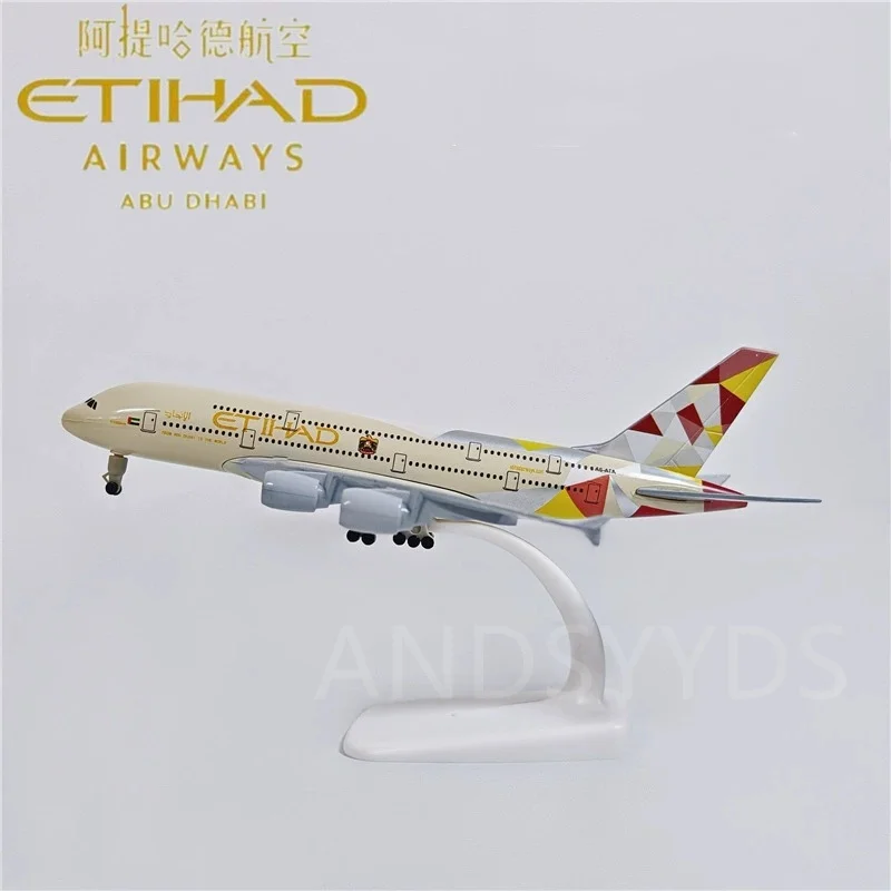 20cm Aircraft Model Etihad Airlines A380 Scale Airplanes Metal Alloy with Wheels and Stand Simulation Plane Model
