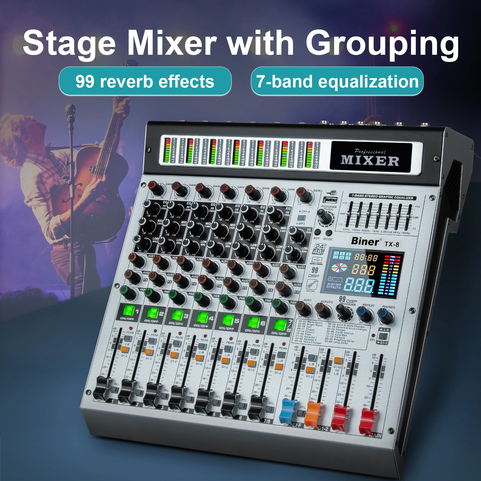 TX-8 المهنية 8 قناة DJ تحكم USB جهاز مزج الصوت المعادن الغيتار خلط الصوت وحدة التحكم
