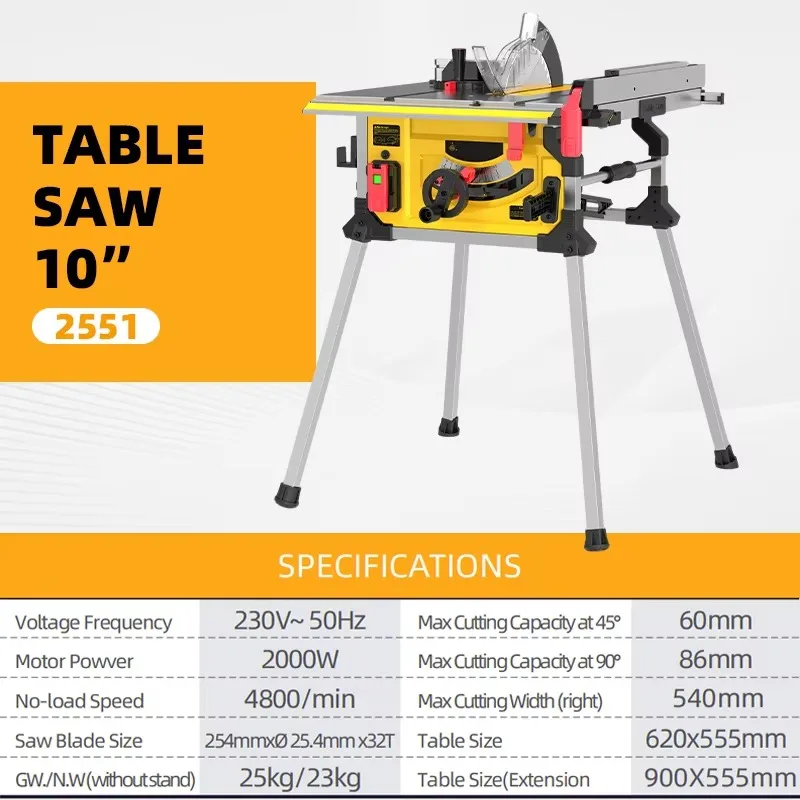 Model 2551 10 Inch Woodworking Table Saw for 2000W Extensible Workbench Max Cutting Thickness 86mm Cutting Equipment