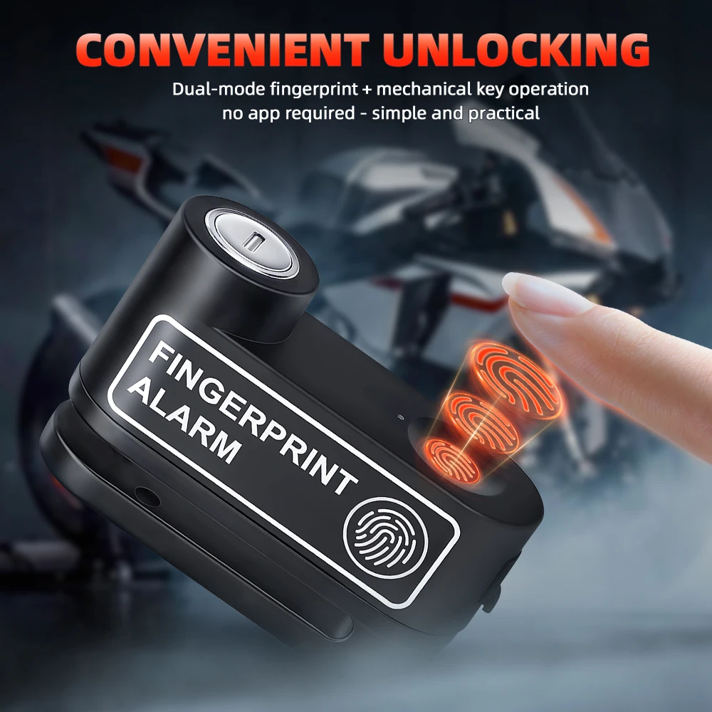 Extractme Motorcycle Fingerprint Disc Brake Lock 120dB Anti-Theft Alarm Bicycle Scooter﻿ Wheel Disk Padlock Security Lock