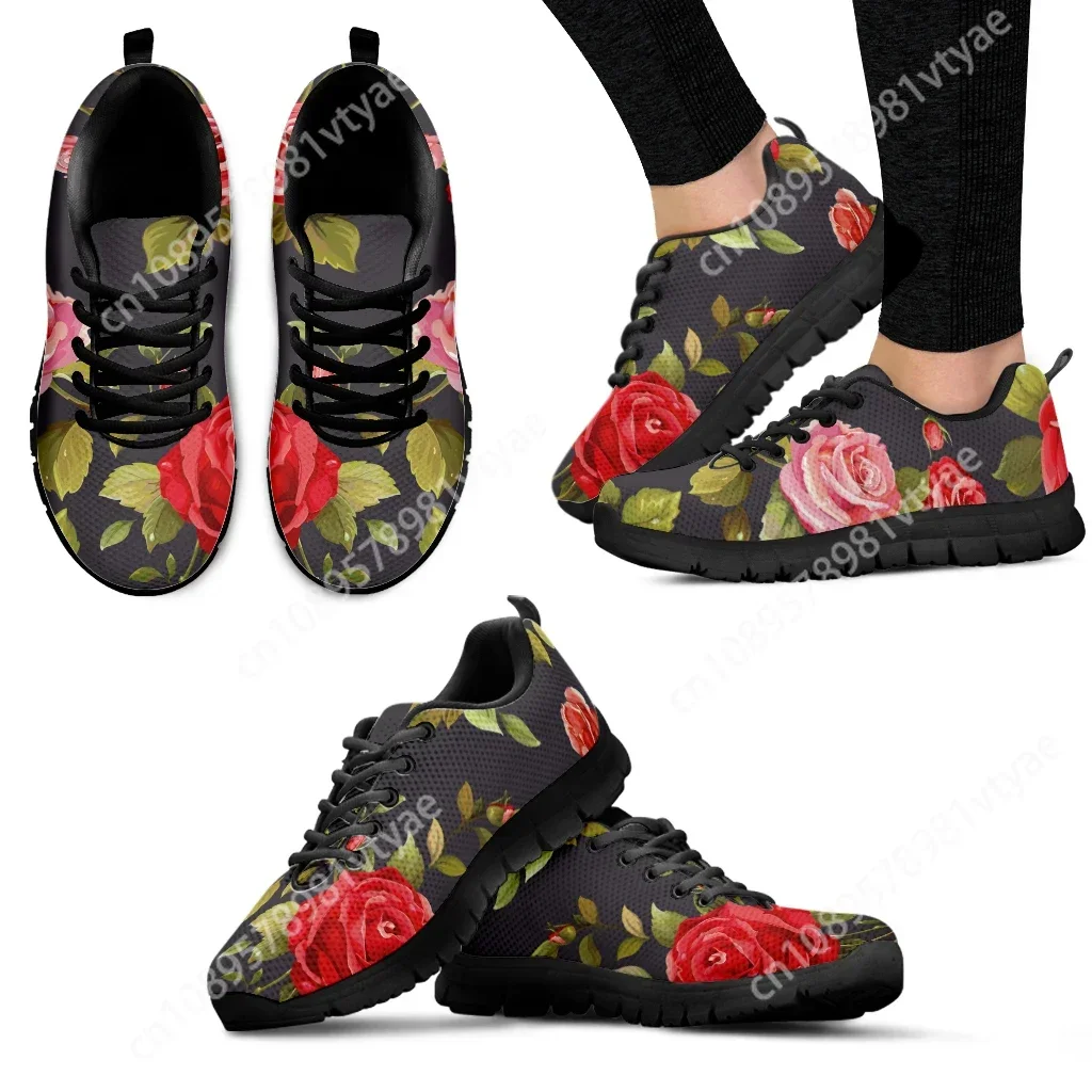 Custom Made New Rose/Pink Rose Design Stylish Sneakers Women's Black Soft Sole Casual Sneakers Floral Print Zapatos Planos