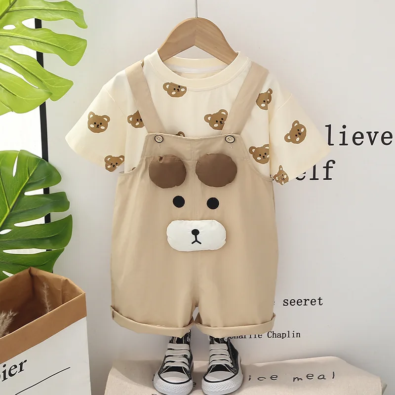 Kids Summer Infant Clothes 2024 Korean Fashion Baby Boys and Girls Cartoon Printed Short Sleeve T-shirts Overalls Todder Outfits