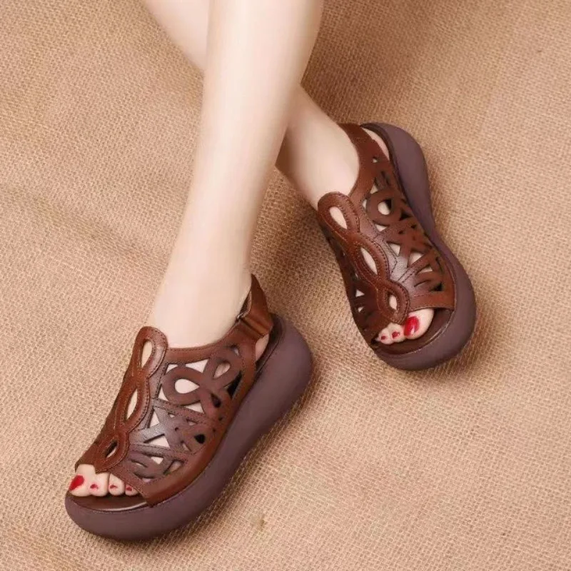 Comemore Women's Wedge Sandals 2025 Summer Shoes Platform Casual Hollow Peep Toe Female Ladies Shoes Brown Retro Sandales Femmes