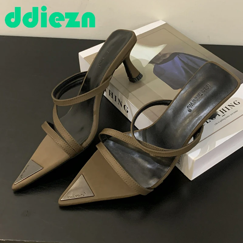 Thin High Heels Footwear Shallow Heels Slides 2024 Silk Women Pumps Shoes New In Sandals Female Shallow Denim Slippers Ladies