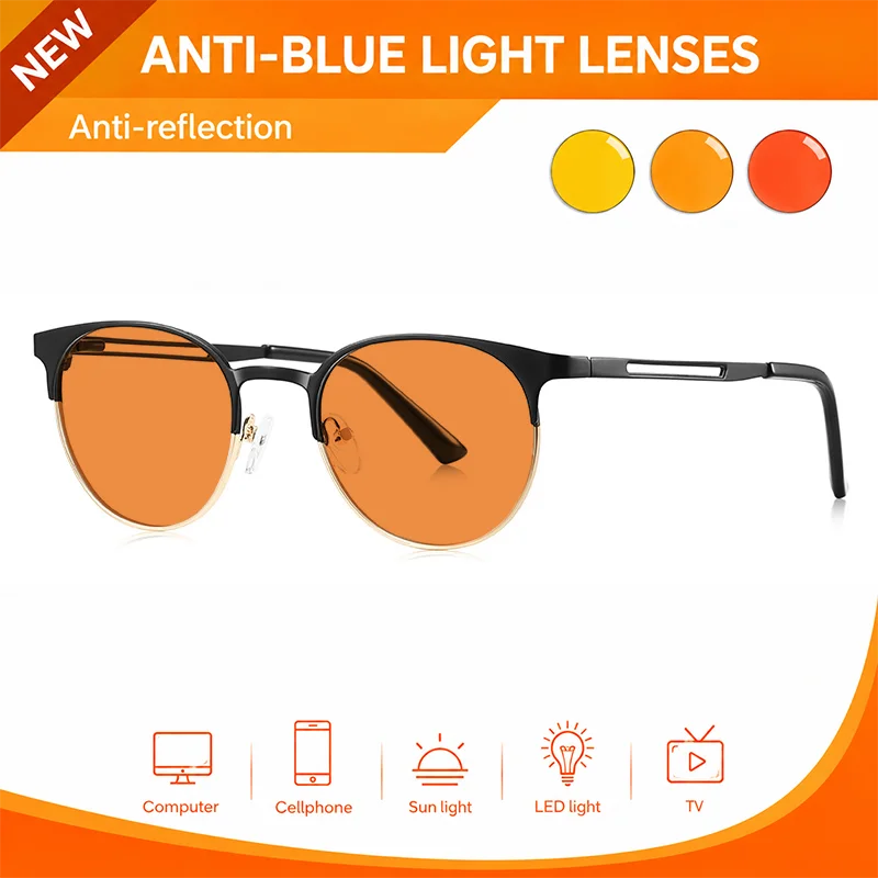SKYWAY Business Metal Eyeglasses Red Tinted Lens Boost Melatonin Sleep Orange Lens Anti Blue Light Spectacles For Gaming Work