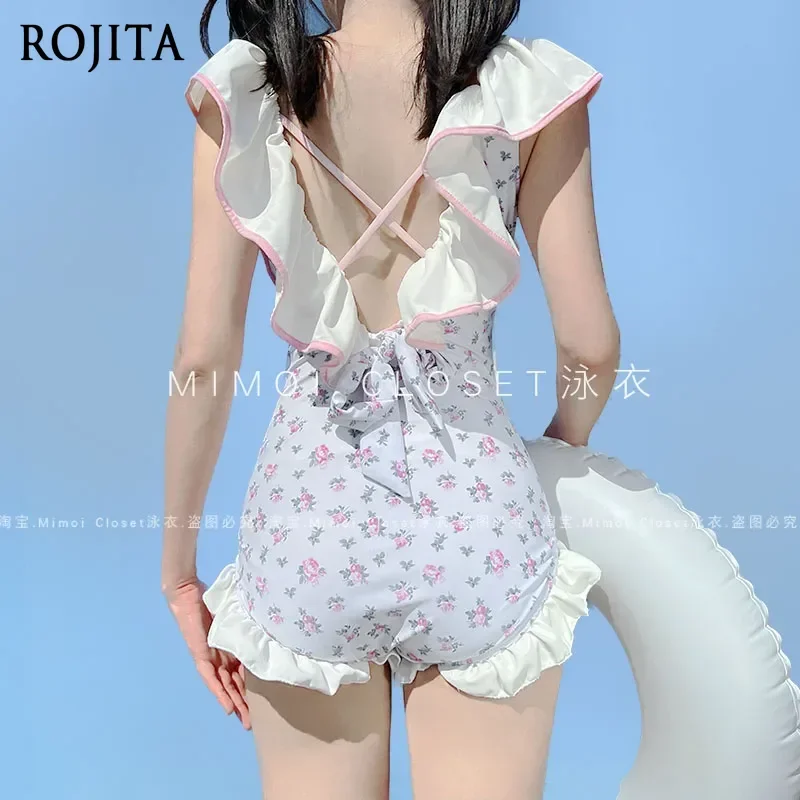 Summer New Lolita One-piece Swimsuit Women's Kawaii Bow Print Hot Spring Beach Swimwear Sweet Female Student Bathing Suit Women