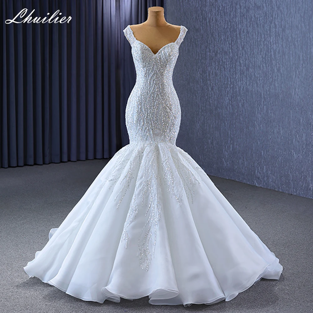 Lhuilier Customized Sweetheart Neckline Mermaid Lace Wedding Dresses Sleeveless Crystal Beaded Bridal Gown with Court Train