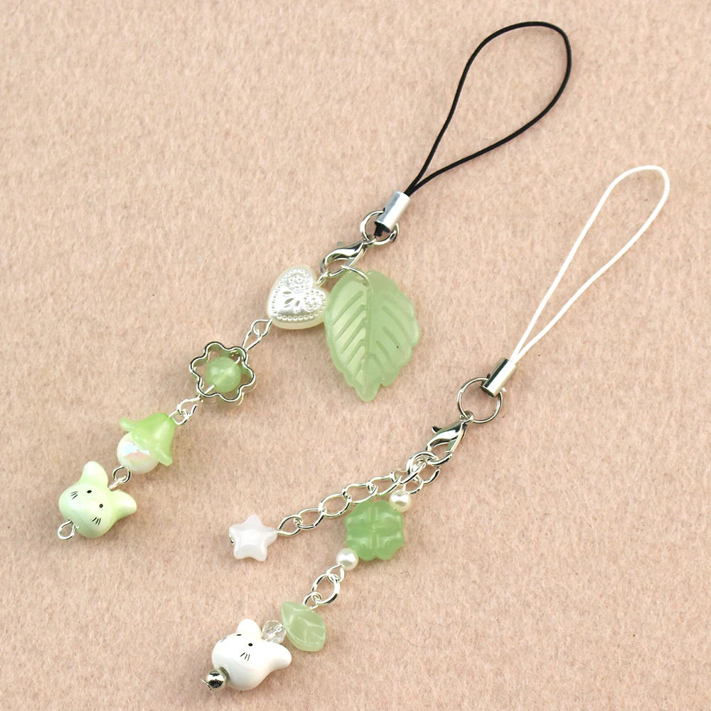 Handmade Lucky Leaf Phone Charms Pendant Four Leaf Clover Beaded Ceramic Cat Keychain Bag Key Ring for Girls Christmas Gift