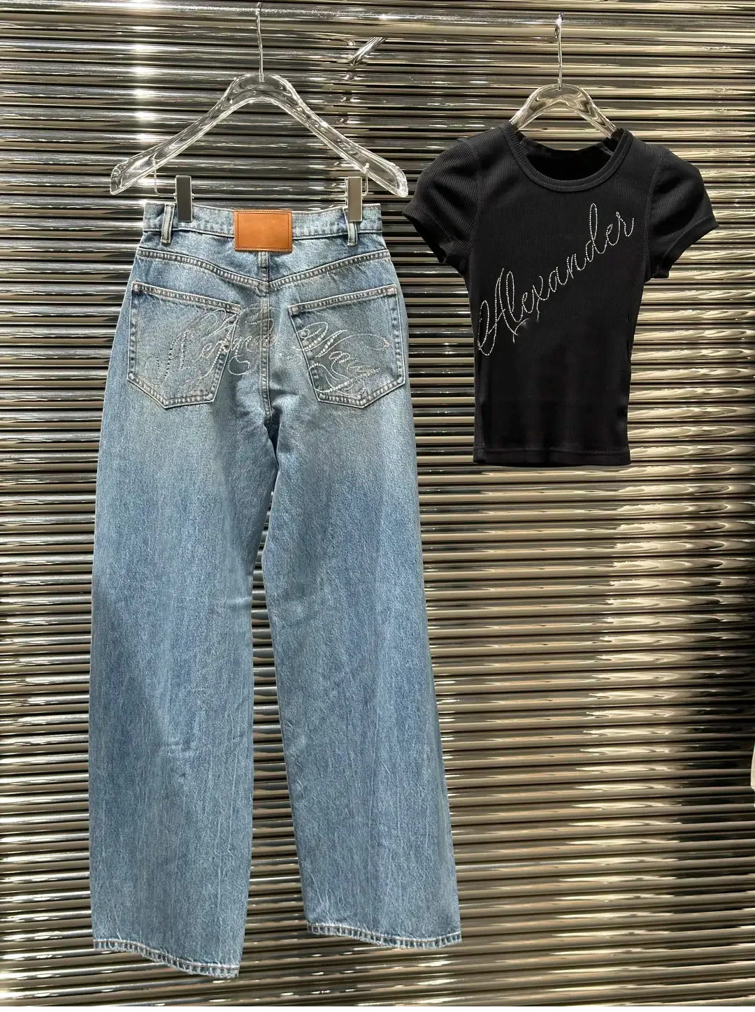 

Джинсы унисекс с вышивкой букв, свободные, широкие, прямые, длинные, с декором из страз, повседневные, с высокой талией, из денима
