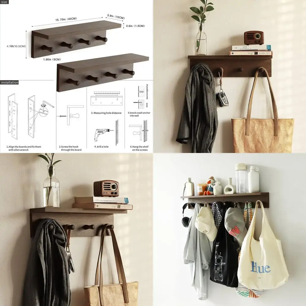 

Wall-Mounted Wooden Coat Rack with Shelf and 4 Hooks for Home Entryways, Mudrooms, Kitchens, and Bathrooms (2-Pack Walnut)