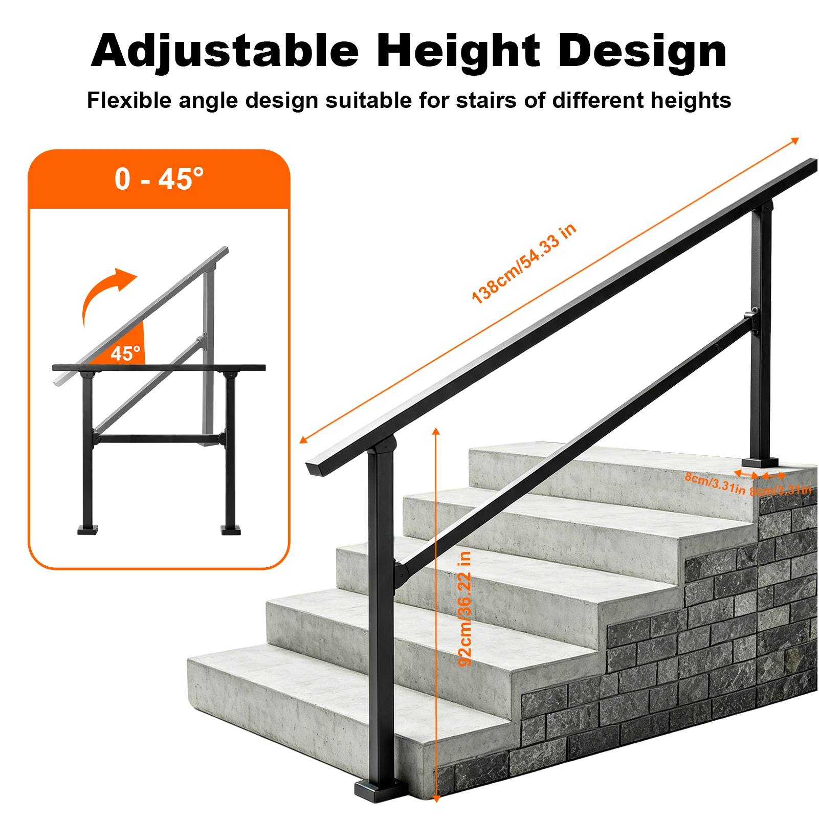 Outdoor Handrail for 4/5 Steps Matte Black | Stair Railing Exterior Banister with Installation Kit for Garden House Entrance Backyard & Balcony