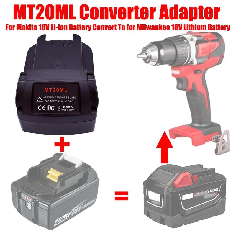 Battery Converter for Makita 18V Li-Ion Battery,Black New MT20ML Battery Adapter for Milwaukee 18V Cordless Power Tools