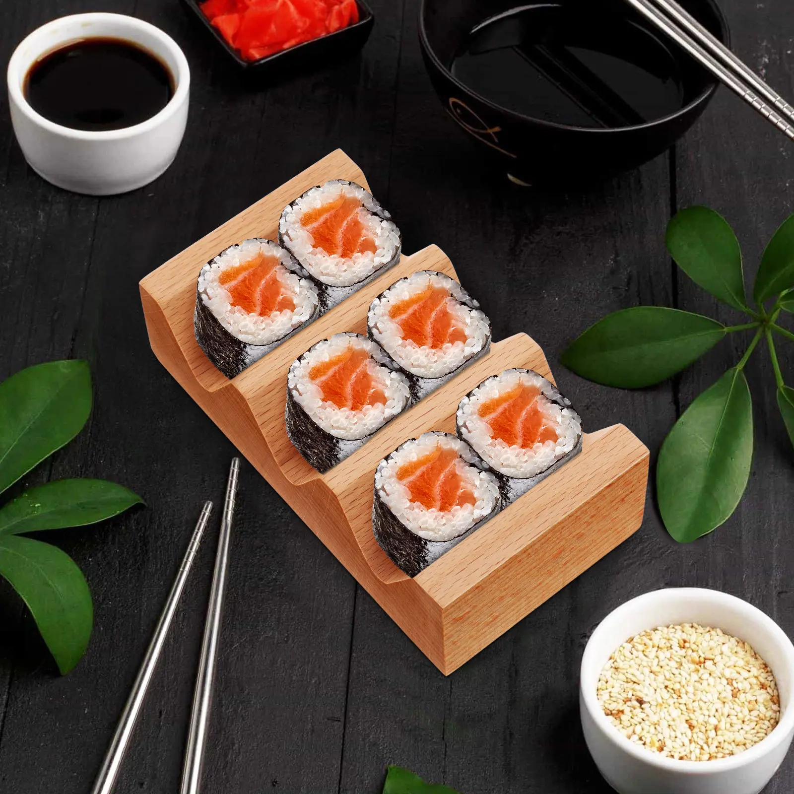 Natürlicher Holz-Sushi-Ständer, glatt verarbeiteter Holz-Servierständer, wiederverwendbarer Sushi-Halter für Rollen, Sashimi, Nigiri, japanische Küche