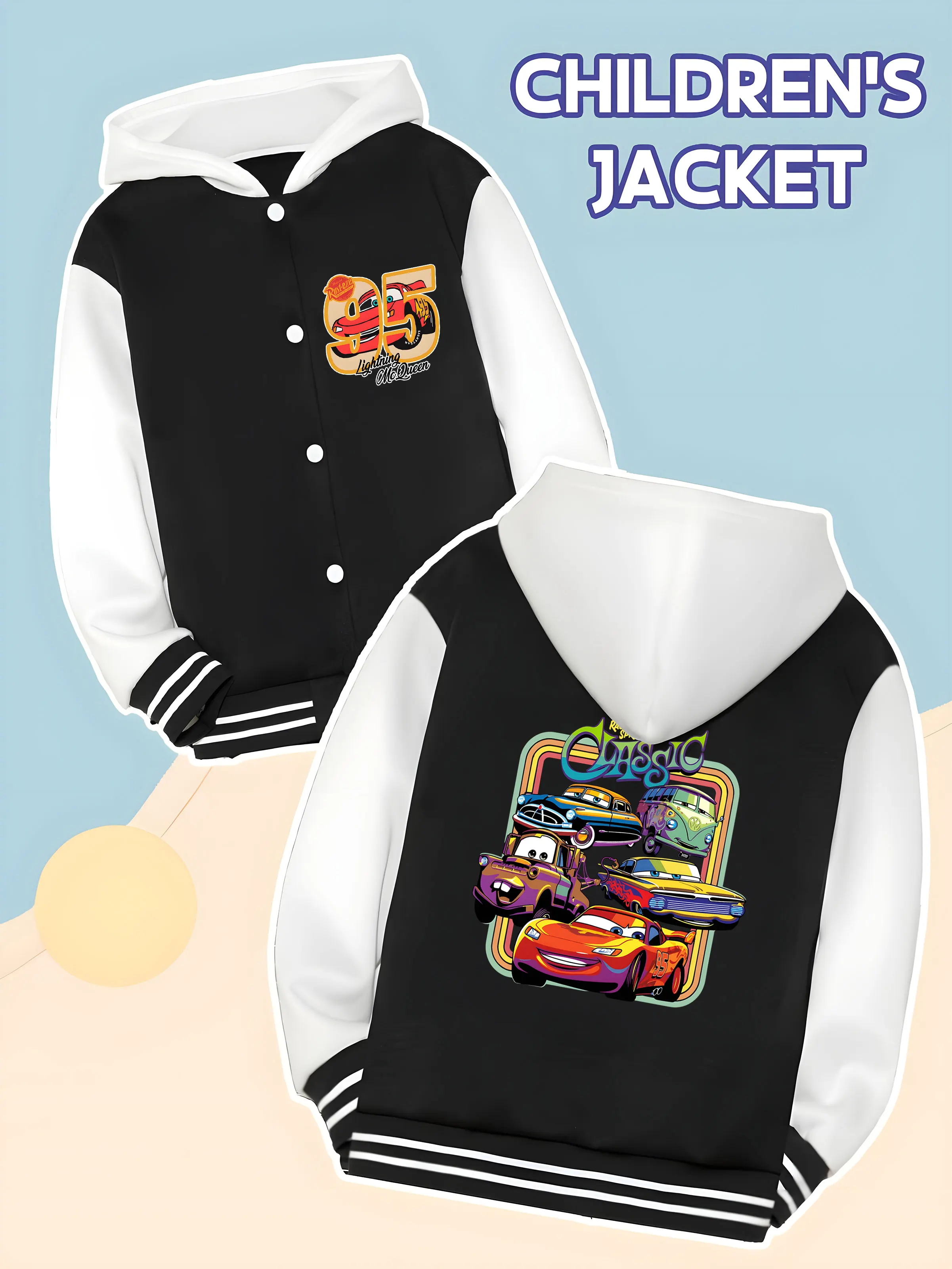 

MINISO Disney Cars Retro Style Baseball Boys Jacket - Multiple Racing Cars Patterns, Perfect for School Wear, Trendy