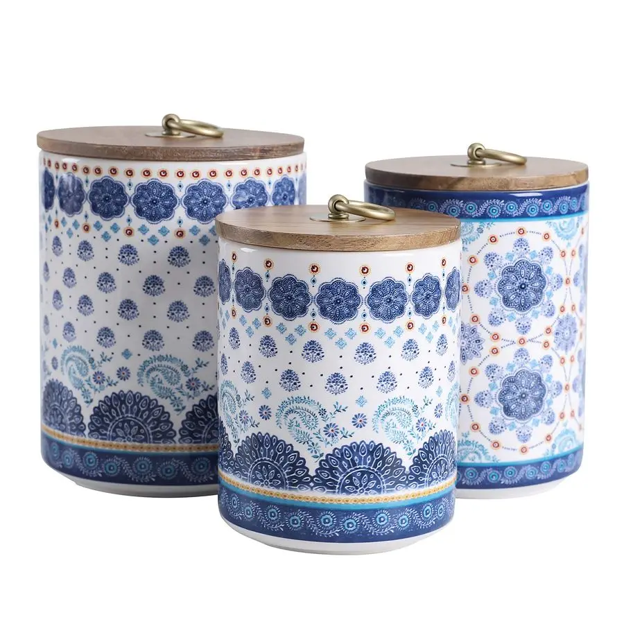 

Blue Talavera Ceramic Canister Set of 3 for Kitchen Counter, 62oz, 40oz, 32oz each, with Wooden Air Tight Lid, Food Storage Jar