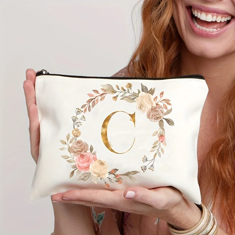 26개의 알파벳 글자를 담은 꽃무늬 미적 패턴 메이크업 가방, 신부 들러리, 교사 및 선물로 완벽합니다.