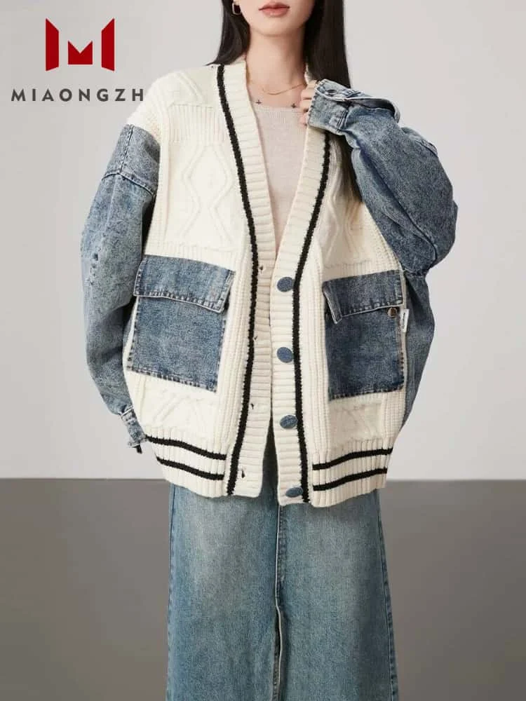 2024 New For Women Loose Cardigan Coats V Neck Long Sleeve Denim Patchwork Kint Sweater Autumn Winter Casual Jumper Streetwear