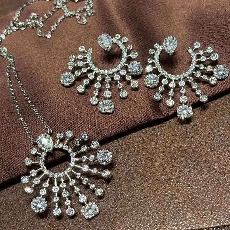 Women Sun Shape Cubic Zirconia Jewelry Set Fan Shaped Dangle Earrings Pendant Necklace Sparkling Daily Wear Jewelry