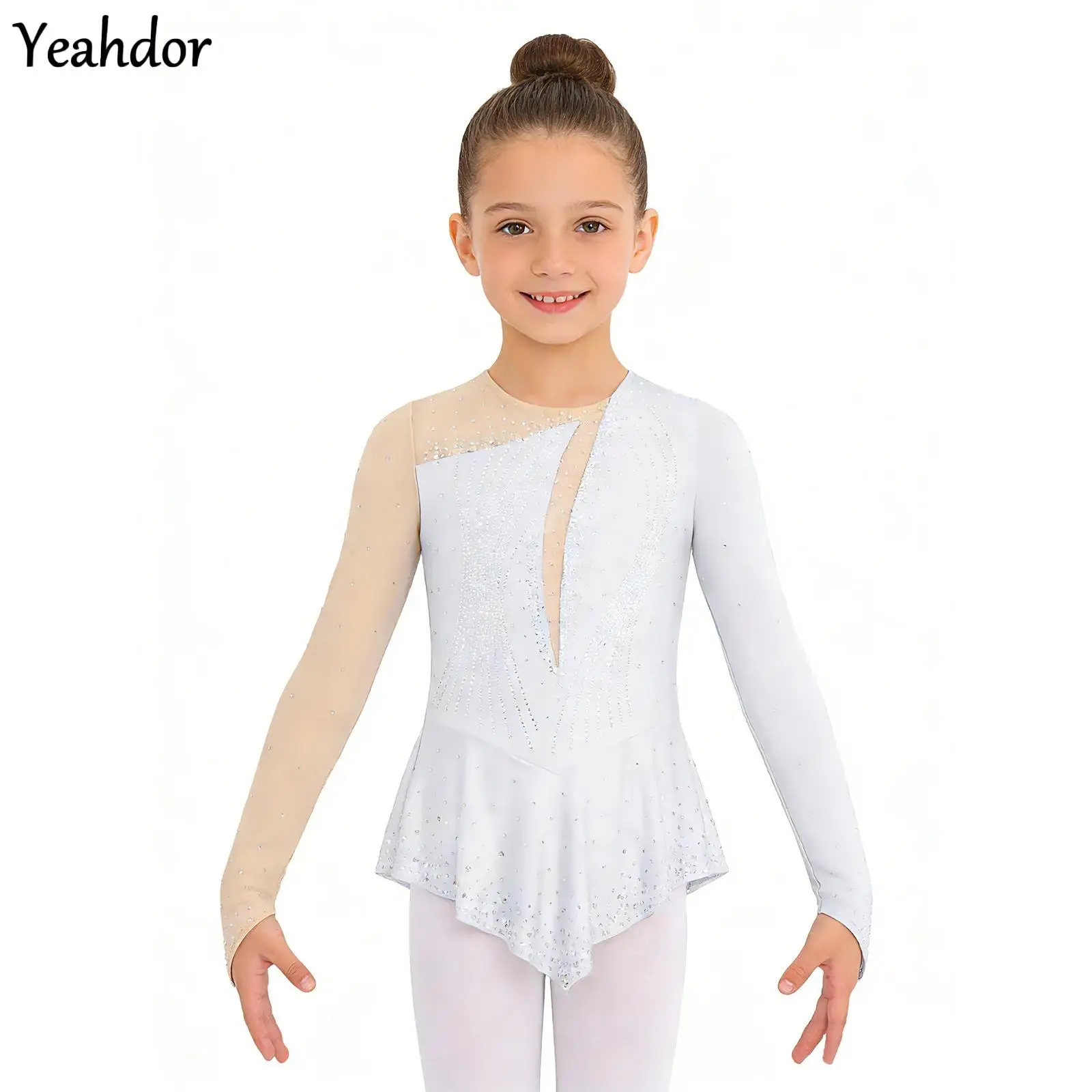 

Kids Girls Figure Ice Skating Dress Long Sleeves Keyhole Back Sheer Mesh Patchwork Rhinestones Gymnastics Ballet Jersey Leotards