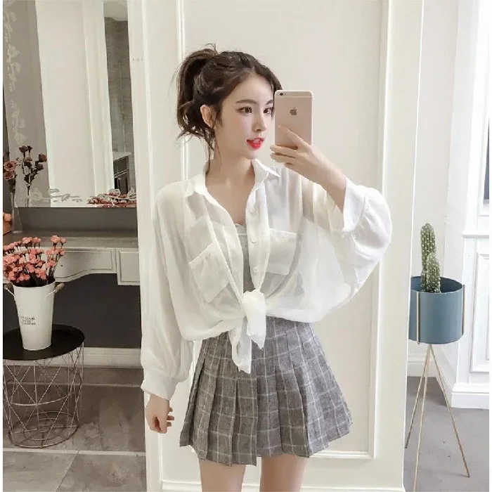 

White Clothes Women's Medium And Long Loose Summer Long-sleeved Chiffon Shirt Women