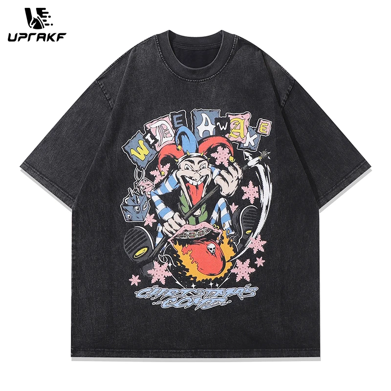 

UPRAKF Streetwear T Shirts Vintage Cotton Washed Loose Trendy Circus Clowns Print Tee Short Sleeve Casual O Neck Summer