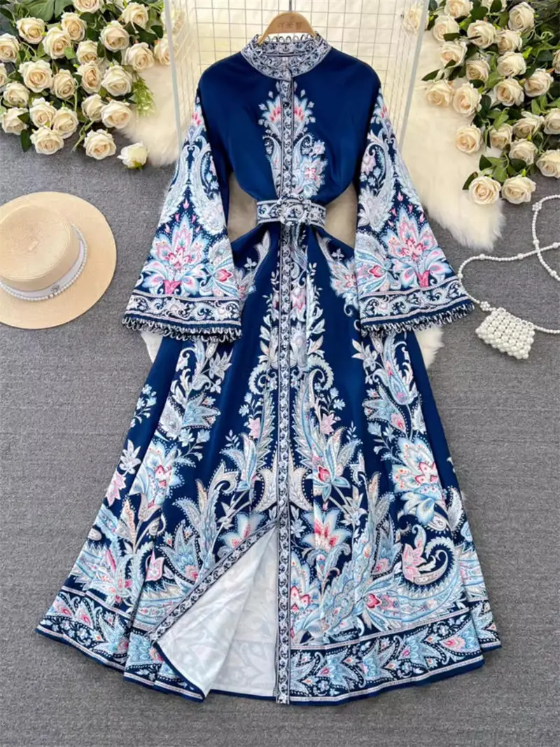 

Spring Autumn Retro Palace Style Dress Women Flare Sleeve Stand Neck Waist Wrapped Slim A-Line Positioning Printed Dress z4637