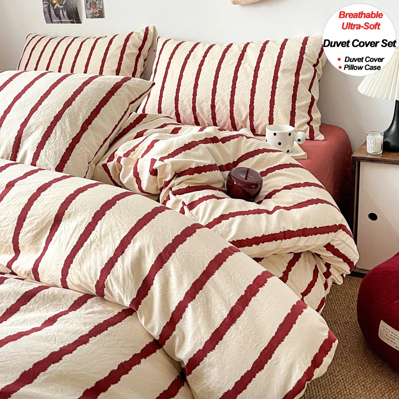 Juego de Funda de Edredón de Microfibra Estampada a Rayas, Juego de Ropa de Cama Transpirable, Ligero, Suave, Resistente a la Decoloración, Hipoalergénico y Lavable