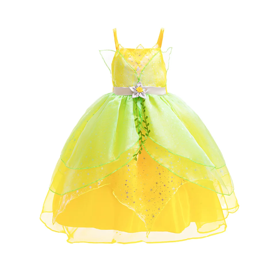 Tiana Cosplay Dress For Girls Summer Sling Sequin Ruffles Princess Disguise Outfits Kids Halloween Theme Party Elegant Gown