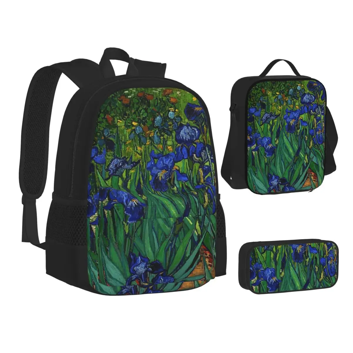 Vincent Van Gogh Irises Art Flowers Backpacks Boys Girls Bookbag School Bags Children Rucksack Lunch Bag Pen Bag Three-Piece Set