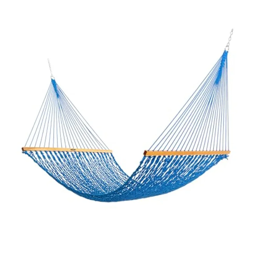 Outdoor large coastal blue DuraCord rope hammock, 13 ft x 55 in, 2-person, 450 lb capacity, oak spreader bar, zinc-plated hardw