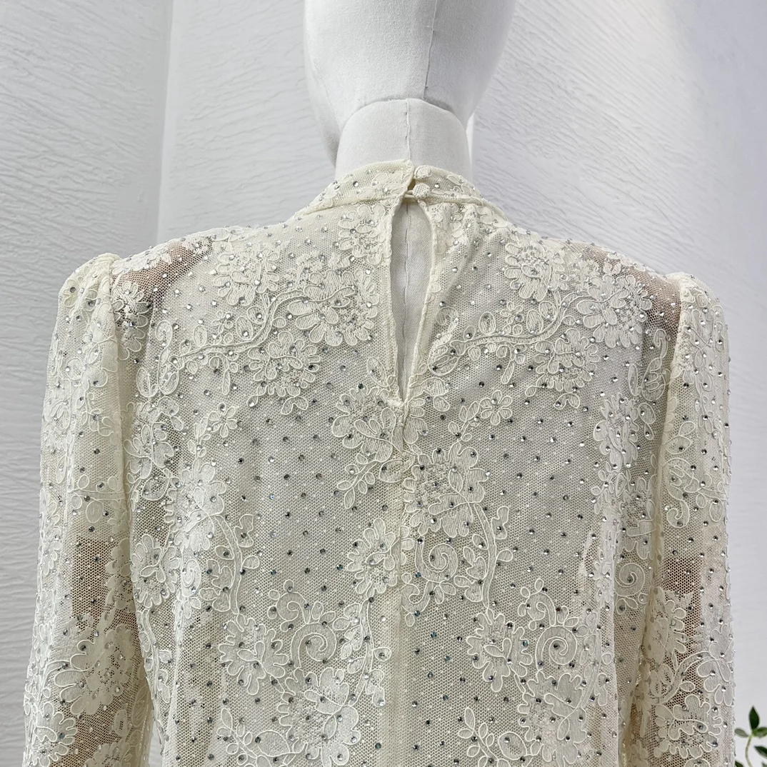 

Women White Patchwork See Through Long Sleeve Lace Blouse Tops