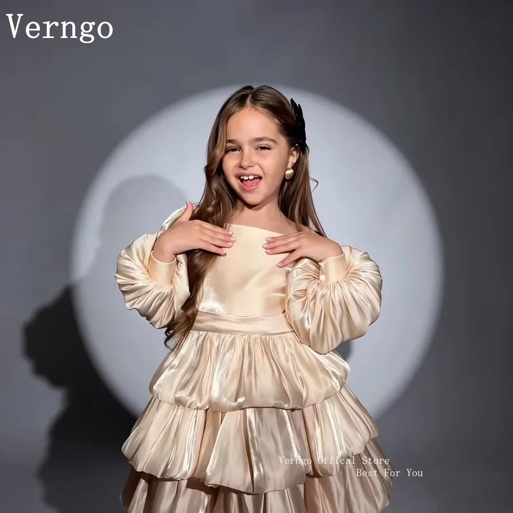 Verngo Champagne Shiny Mini Girl Fowers Dress Long Sleeves Princess Birthday Party Dresses Pleated Kid Prom Gown Customized