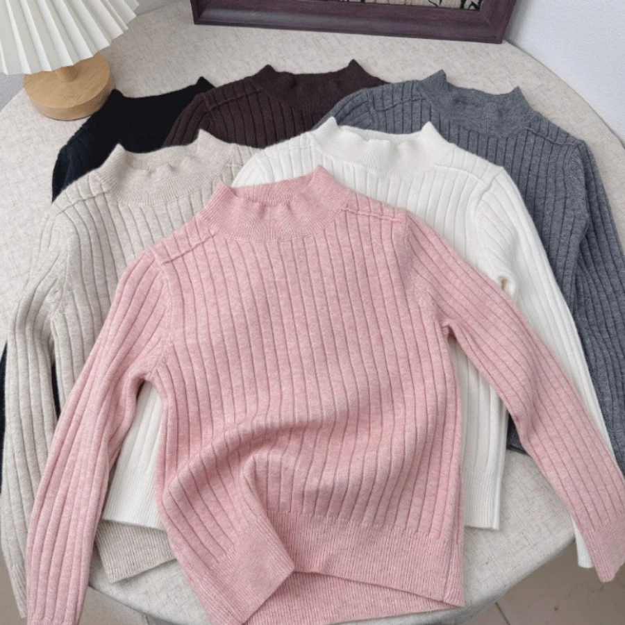 Cute Girls Knit Sweater High Neck Casual Wear for Teens Kids Super Soft Versatile Pullover Top Fashionable Basic Layer Underwear