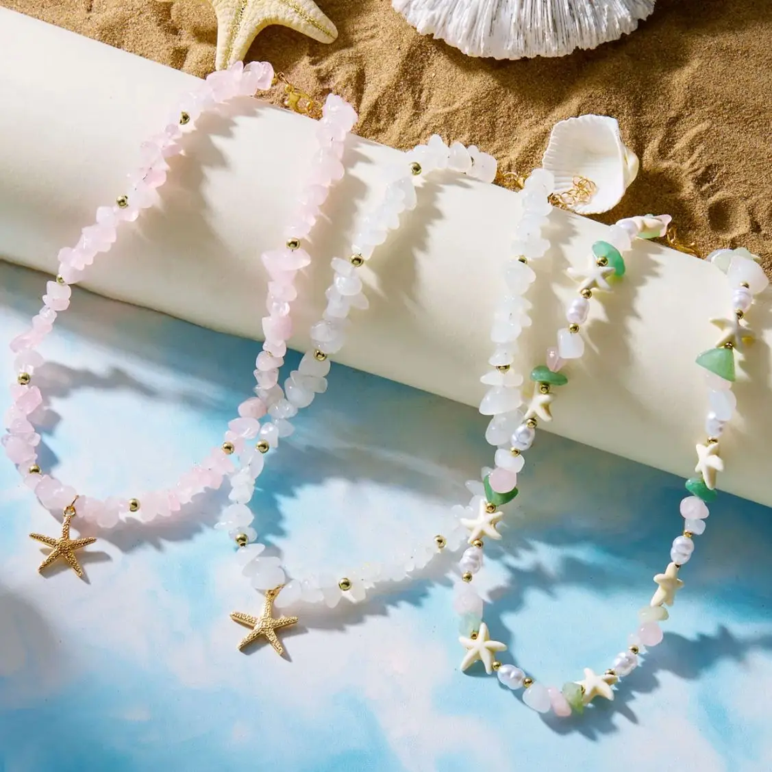 Unregelmäßige bunte Naturstein-Perlen-Halskette für Frauen, handgefertigt, böhmischer Seestern, Schlüsselbeinkette, Strandparty, Charm-Schmuck – Detail 1